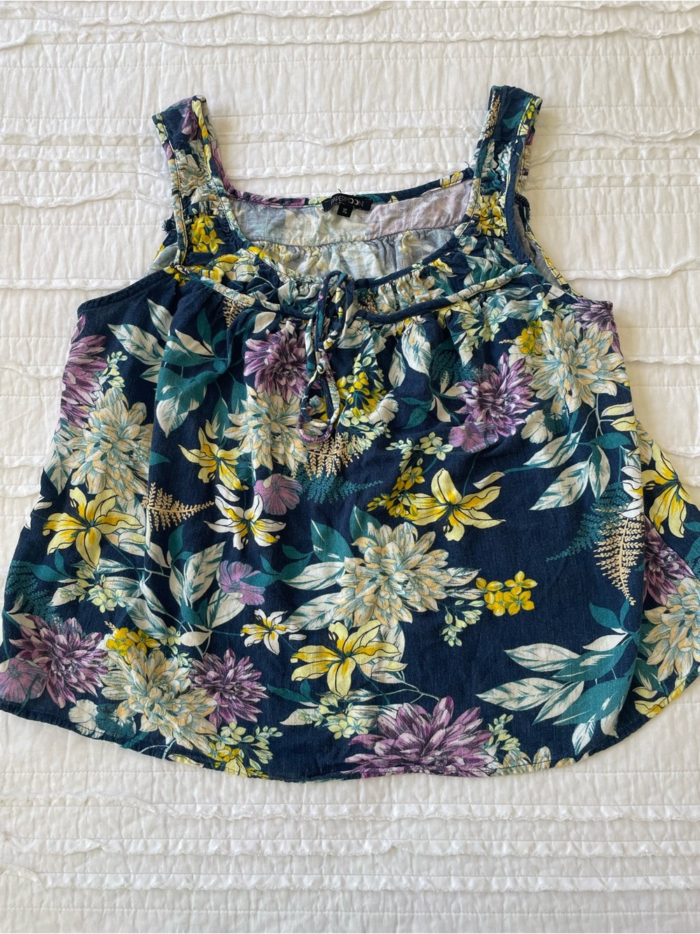 Navy Floral Tie Tank Top with Yellow & Lavender Blooms | XL